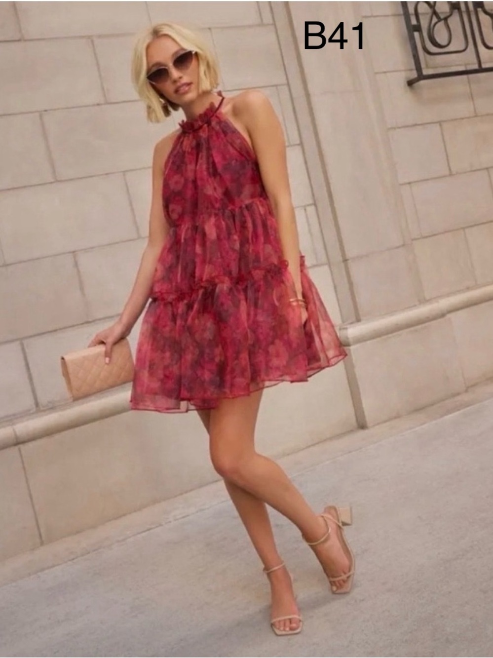 Vici Elegant Red Floral Halter Tiered Mini Dress,Size Medium